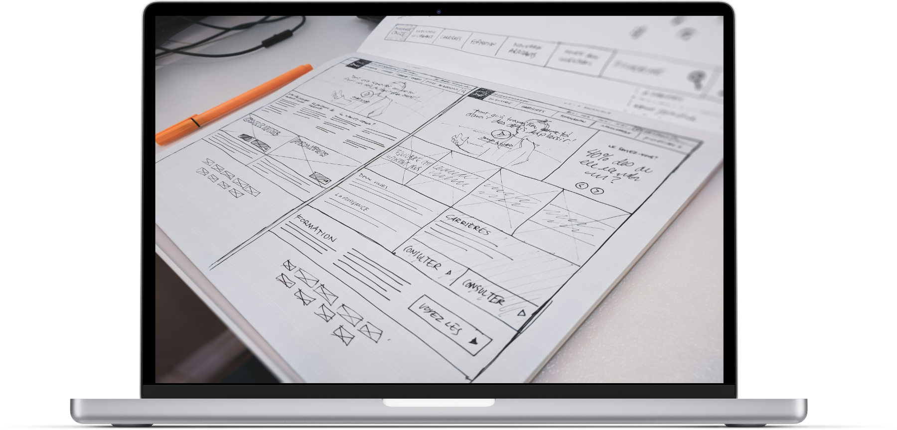 Mockup illustrant le travail préparatoire de conception et design d'un site internet